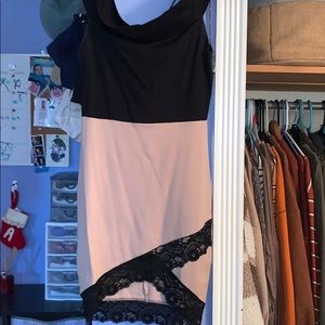 Beige and black off the shoulder dress